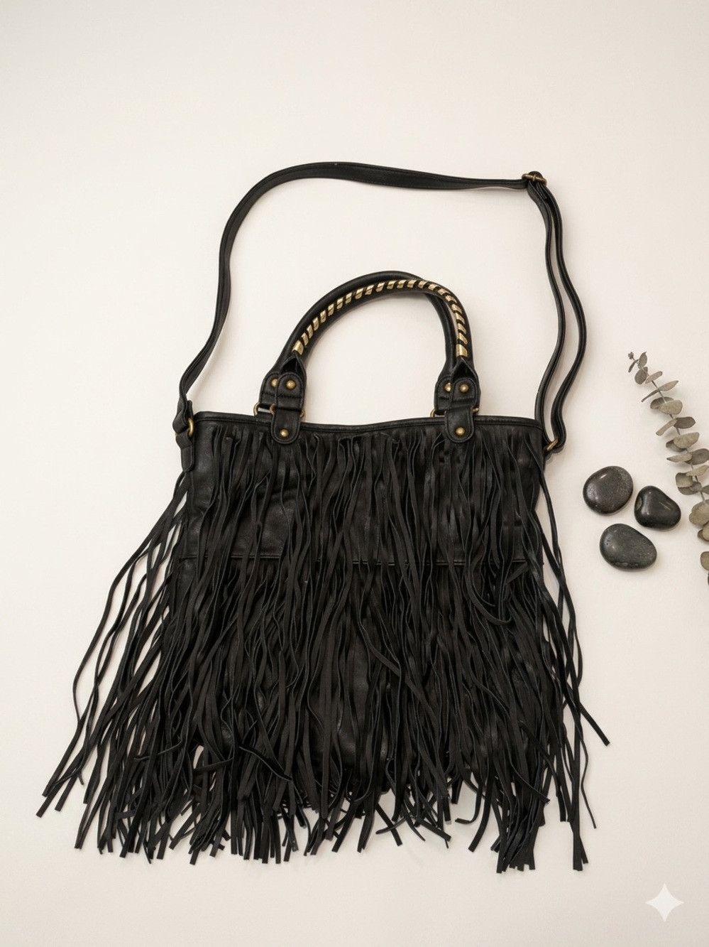 Cato Black Faux Leather Fringe Boho Crossbody Tote Bag Purse